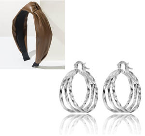 Set di Abbigliamento Casual da Donna, Tendenza Moda, Fasce per Capelli in Pelle PU Tinta Unita, <span class=keywords><strong>Orecchini</strong></span> a Cerchio Color <span class=keywords><strong>Argento</strong></span> - Product Image 3