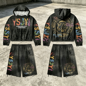 Completi Sportivi YSJY da Uomo, <span class=keywords><strong>Tuta</strong></span> Oversize con Stampa Digitale, <span class=keywords><strong>Pantaloni</strong></span> <span class=keywords><strong>Corti</strong></span> a Zampa e Felpa con Cappuccio Effetto Lavaggio Acido - Product Image 1