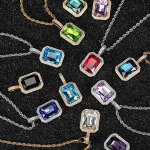 Luxury Mens Large Square Crystal Gemstone Necklace Pendant Different Color Emerald Ruby Gemstone Pendant