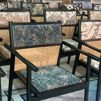 Fauteuil en tissu à imprimé floral, panneau en rotin naturel, cadre en bois massif noir, chaise de salle à manger vintage personnalisable, mobilier pour hôtel et maison