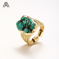 Bague Ajustable Bohème Vintage en Pierre Naturelle Brute avec Bande en Maille Plaqué Or 18K Tendance pour Mariages