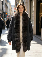 Janveny 2026 Nouvelle Veste Cardigan en Cachemire Tricoté pour Femme, Mélange de Laine de Luxe, Vraie Grande Fourrure de Renard, Manches Chaudes, Coupe Oversize