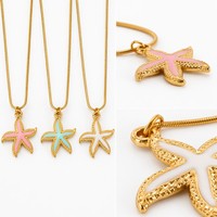 Collier Pendentif Étoile de Mer Émaillée Prêt à Expédier, Chaîne Serpent Plaqué Or en Acier Inoxydable 316L, Accessoire de Mode Estivale en Gros