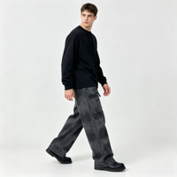 Jean Snow Wash pour homme, gris foncé, coupe large, taille élastique avec passants de ceinture, cordon de serrage, poches plaquées