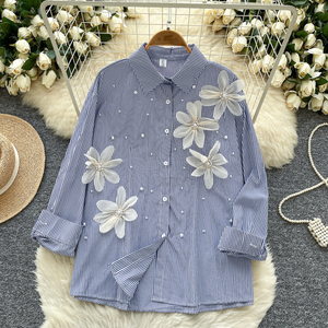 2025 Loose Stripe Blouse Women 3D Floral <strong>Crystal</strong> Design Elegant <strong>Top</strong> For Chic Style Long For Women <strong>Tops</strong> - Product Image 3