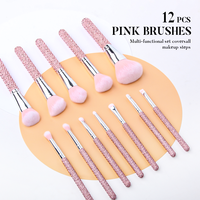 Ensemble de 12 pinceaux de maquillage professionnels en poils synthétiques roses RTS, de haute qualité, élégants et luxueux, avec des pinceaux diamantés pour le visage