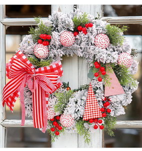 Guirlande de Noël YUELIAN en pin floqué rouge et blanc à carreaux avec nœud, pommes de Noël et baies pour la décoration de la porte d'entrée - Product Image 5