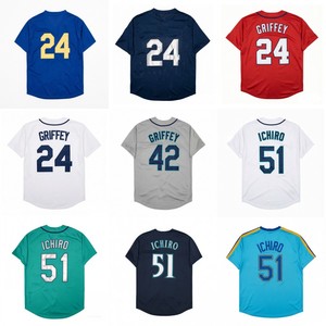เสื้อเบสบอลสไตล์วินเทจสำหรับผู้ชาย แบบเย็บติด หมายเลข 24 Griffey Jr. 51 <span class=keywords><strong>Ichiro</strong></span> Suzuki 42 Griffey Jr. 11 Edgar Martinez ไซส์ S-3XL - Product Image 1