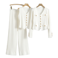 Ensemble deux pièces pour femme : Cardigan tricoté à boutons dorés et legging large de couleur unie, ensemble pull de couleur unie