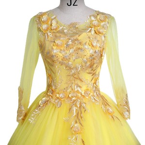 Yellow Stage Performance Dress Long Sleeves Puffy Skirt Women Art Exam Host Outfit 3D Floral Embroidery - Product Image 5
