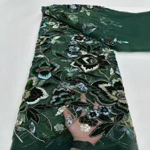 Tela de Encaje Africana de Lujo 2025, Alta Calidad, Bordado 3D con Cuentas y Lentejuelas Hechas a Mano, Peso Medio, para Vestidos de Novia y Fiesta - Product Image 4