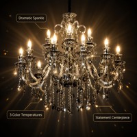Lámpara Colgante de Cristal Ahumado con LED, Estilo Candelabro, Marco de Metal Negro para Sala de Estar, Hotel, Villa, Venta al Por Mayor