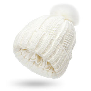 Chapeaux d'hiver en Satin pour femmes, couvre-chef tricoté avec fourrure Pom détachable, doublure en soie, Casquette chaude, extensible et d'hiver - Product Image 1