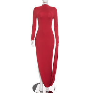 Viviblook D26DS287 Women Autumn Dress New Elegant Solid Color <b>Long</b> Sleeved Casual Slim Fit Evening Dress - Product Image 2