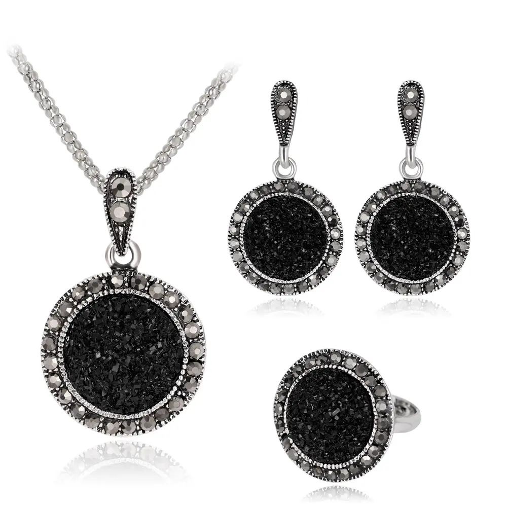 3 pezzi nuovo stile etnico retrò argento rotondo lega di strass Set di gioielli da donna