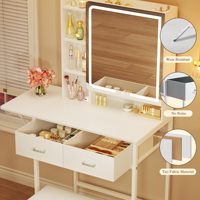 Coiffeuse avec miroir et éclairage, petite table de maquillage avec tiroir de rangement en tissu, étagères cachées, panneau rabattable et prise de courant
