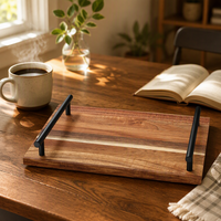 Plateau de service rectangulaire en bois d'acacia pour le petit-déjeuner, plateau à café et à nourriture avec poignée en métal, pour la cuisine et la table