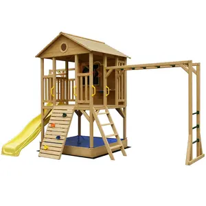 Casa de juegos de madera de pino para niños, casa de juegos de tren para niños, set de juegos al aire libre