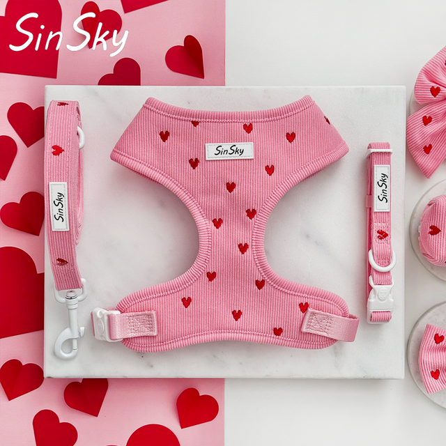 SinSky Custom Dogs Harnesses Adjustable Dog Collars and Leashes Set Embroidered Corduroy No Pull Dog Harness Set