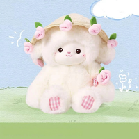Boneka Domba Lucu Berbunga dengan Topi dan Buket, Figur Boneka Lembut untuk Hadiah Ulang Tahun Anak
