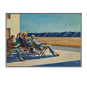 Tableau sur toile imprimé style Art déco du milieu du siècle, scène du désert avec ciel bleu et personnes en extérieur, encadré transparent, prêt à accrocher - Product Image 1