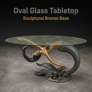 Mesa de Centro de Bronce con Escultura de <span class=keywords><strong>Sirena</strong></span>, Mesa Auxiliar Ovalada de Vidrio, Muebles de Arte para Vestíbulo de Villas y Resorts de Lujo, Fabricante OEM al por Mayor - Product Image 5
