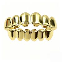 Grillz lisses et polis, lot de 8 sur 8, plaqué or 18 carats sur cuivre |   Grilles dentaires hip-hop brillantes unies sans pierres unisexe en gros
