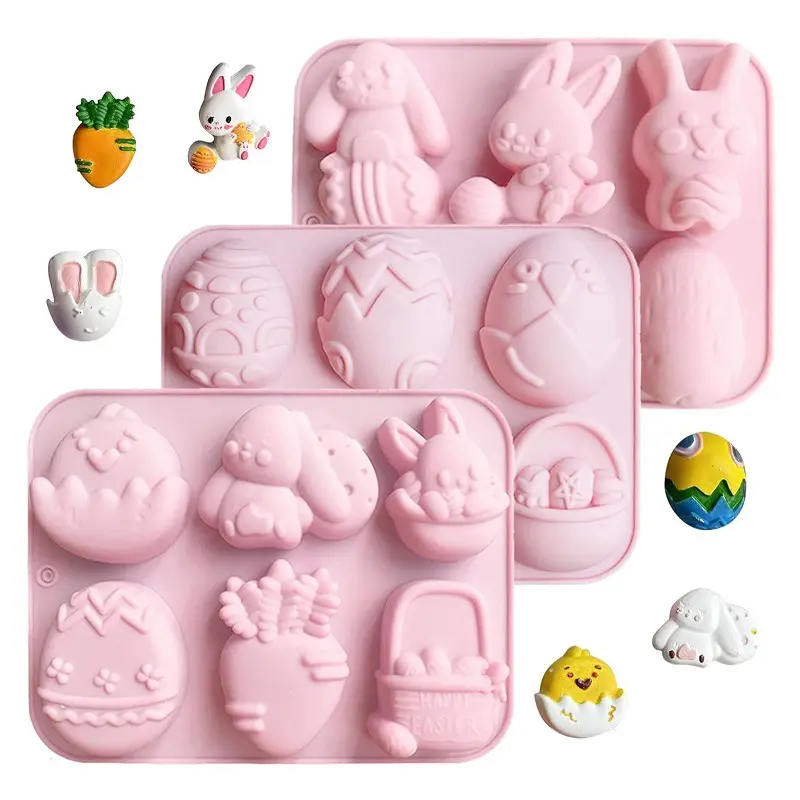 NOVO 2024 Decoração Bolo Ferramentas 6cavidade 3D Easter Egg Rabbit Carrot Baking Moldes panelas de silicone para o molde do bolo de Páscoa