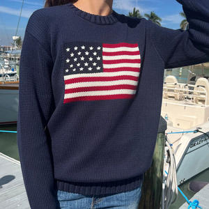 Pull tricoté à col rond avec drapeau américain et ourlet côtelé Vente en gros OEM/ODM Mélange de laine personnalisé Intarsia Knitwear Causal Women Pullover - Product Image 1