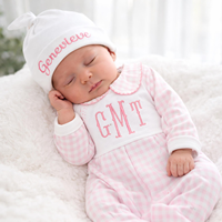 Vêtements pour bébé nouveau-né brodés sur mesure, tenue de rentrée à la maison pour bébé fille, col en gingham rose monogrammé, ensemble bonnet et barboteuse en coton Pima