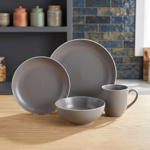 Custom Japanese Ceramic Stoneware Grey Glazed Nordic Lucky Joyous Pattern Coupe <b>Dinnerware</b> <b>Set</b> White Rim Microwave Safe 4-Piece - Product Image 3