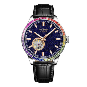 PINDU Luxury Business <b>Men's</b> Automatic <b>Mechanical</b> <b>Watch</b> Black Dial Rainbow Diamond Bezel Tourbillon Leather - Product Image 6