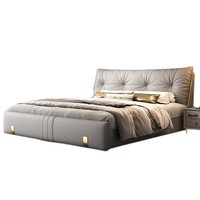 Lit double de 2 mètres de style italien, luxe léger, en cuir véritable, avec rangement, cadre en bois massif - Nouveau lit élégant haut de gamme