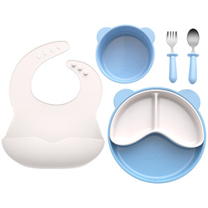 Vajilla para niños, juego de alimentación de silicona de 6 piezas con plato, cuenco, babero, tenedor y cuchara para bebés de 0 a 12 meses - Product Image 3