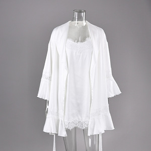 Setelan Dua Potong Baju Tidur dan Jubah Satin Kasual Musim Semi dan Musim Panas dengan Kerah V dan Renda, Lengan Panjang dengan Tali, Pakaian Santai untuk Wanita. - Product Image 4