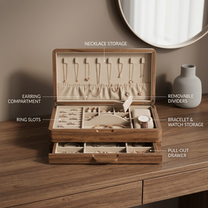 Wood Jewelry Storage Box with <b>Mirror</b> Drawer and Rails Carved Necklace Ring Earring Organizer <b>Tabletop</b> Display - Product Image 4