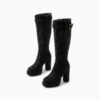Bottes hautes vintage pour femmes en daim à plateforme et talon épais avec boucle, personnalisables (OEM/ODM), faible MOQ, vente en gros, pour soirées