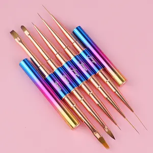 Jieniya Popular Gradient Color Metal Handle Double Head Liner Brush 6 PCS Nail Art 3D Detail Brushes Set With Lid