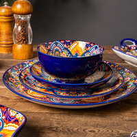 Service de vaisselle en céramique sous glaçure style bohème, comprenant des bols à riz vintage, des bols à soupe et à nouilles à double anse et des assiettes, pour la maison et les restaurants