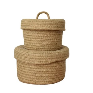 Jute Woven <b>Basket</b> Round Storage Box With Lid Handmade Desktop Organizer For Cosmetics Keys Snacks - Product Image 5