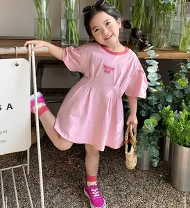 Short Sleeve Casual Pink Dresses Baby Cotton Clothes Letter Korean Dress For Girls Tshirt Kids Children 2 Year Old Girl Dress