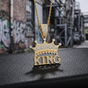 Iced Out <b>King</b> <b>Crown</b> Pendant Necklace 22K Gold Plated With Diamonds Men's Hip Hop Style Jewelry - Product Image 2