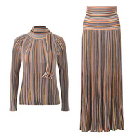 Nouvel ensemble deux pièces pour femme : haut en maille rayé à manches longues et jupe simple taille haute, style français tendance
