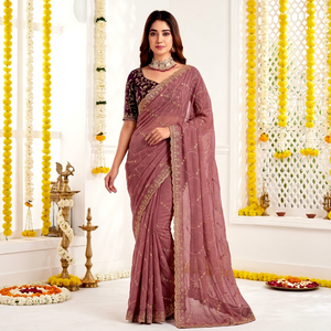 AARA Fashion Elegant Pink Silk Saree <b>Gold</b> Embroidery <b>Blouse</b> for Wedding Occasion Women Traditional Indian Wear Sun Protection - Product Image 1