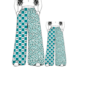MSD0722 Pantaloni a Gamba Larga con Stampa a Blocchi Bicolore e Fantasia Leopardata a Vita Alta per Adulti e Bambini - Abbinamento Coordinato <span class=keywords><strong>Mamma</strong></span> e Figlia - Product Image 5