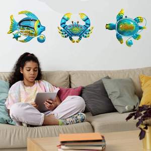 Oniya Beach Metal Ocean Wall Decor Set di 3 Blue Metal Sea Turtle Fish granchio 3D Wall Art scultura Indoor per la decorazione domestica - Product Image 2