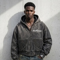 Veste noire vintage délavée pour homme, matelassée, coupe carrée, courte, à capuche, style streetwear, fabrication sur mesure pour marque privée