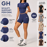 Nouvel arrivage GH : Ensemble de sport sans couture à col rond et manches courtes pour femme, avec effet push-up fessier et contrôle du ventre, séchage rapide, idéal pour le yoga