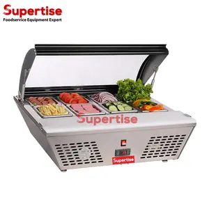 Salad Showcase Refrigerated Topping Rail Glass Door Counter Top Display Refrigerator with Glass Sneeze Guard Cover