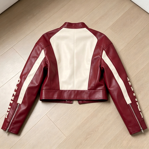 <span class=keywords><strong>Blouson</strong></span> Moto Court Personnalisé pour <span class=keywords><strong>Femme</strong></span> avec Lettrage et Blocs de Couleurs, Style Streetwear en Similicuir, <span class=keywords><strong>Blouson</strong></span> Bomber Court Entièrement Zippé - Product Image 4